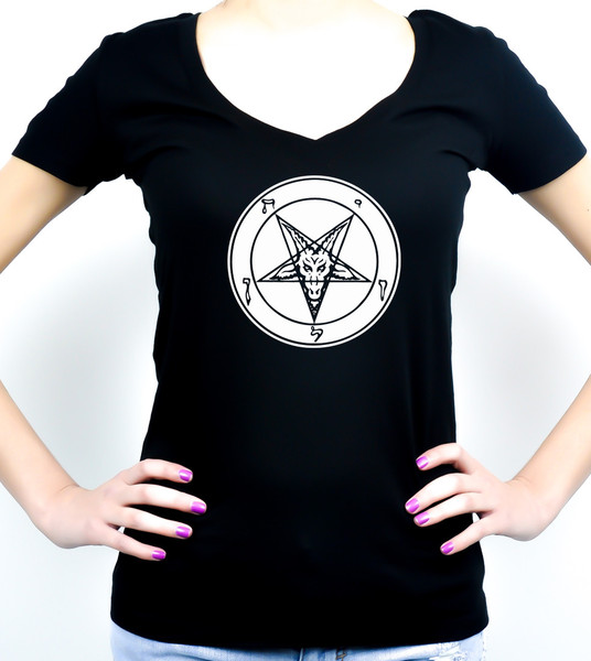 Solid White Classic Inverted Pentagram Sabbatic Goat Symbol Women's V-Neck Shirt Top