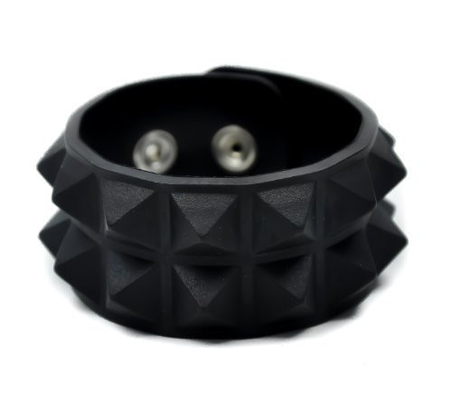 2 Row Black Pyramid Stud Rubber Wristband - Vegan Friendly Metal