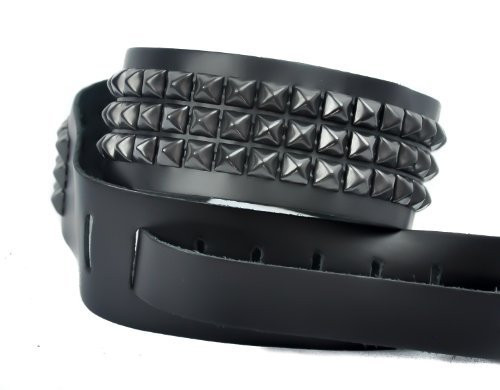3 Row Black Pyramid Stud Real Leather Guitar Strap