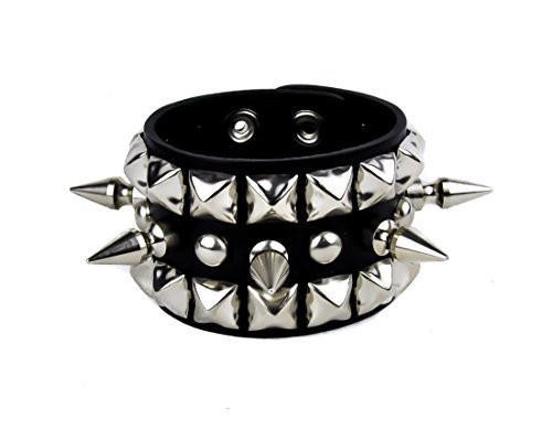 1" Spikes With Pyramid Stud Leather Wristband 1-3/4" Wide Metal
