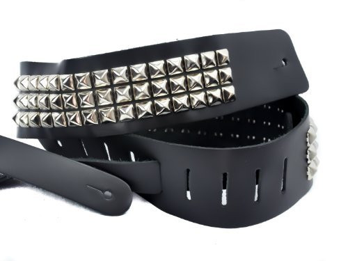 3 Row Silver Pyramid Stud Real Leather Guitar Strap