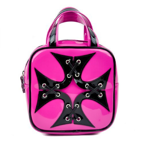 Black and Pink Stitch Iron Cross Handbag Punk Purse