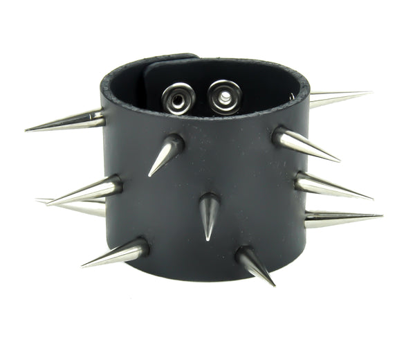 3 Row Tall & Silver Skinny Spike Leather Wristband Cuff Bracelet 2-1/2" Wide