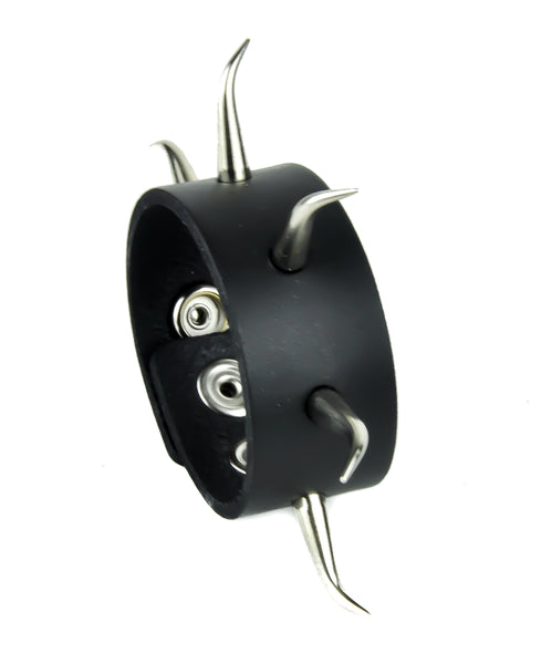 Curved Horn Silver Spike Quality Black Leather Wristband Cuff Bracelet 1-1/4" Wide