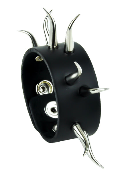 2 Row Curved Silver Horn Spike Black Leather Wristband Cuff Bracelet  1-1/4" Wide