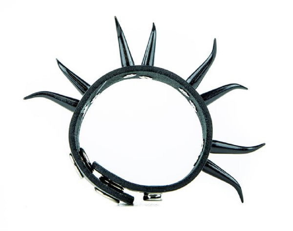 2 Row Curved Black Horn Spike Black Leather Wristband Cuff Bracelet  1-1/4" Wide