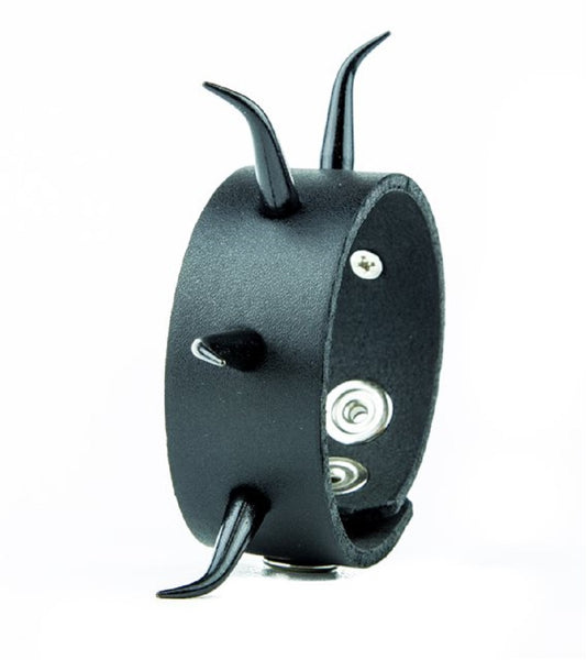 Curved Horn Black Spike Quality Black Leather Wristband Cuff Bracelet 1-1/4" Wide