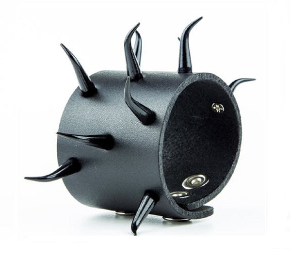 3 Row Curved Horn Black Spike Leather Wristband Cuff Bracelet 2-1/2" Wide