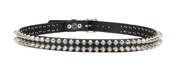 2-Row Silver 1/2" Dome Cone Head Studded Black Leather Belt 1-1/4" Wide