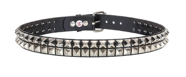 2-Row Silver 5/8" Pyramid Stud Black Leather Belt 1-1/2" Wide