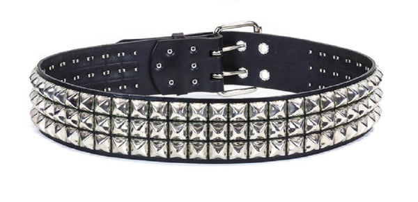 3-Row Silver 5/8" Pyramid Stud Black Leather Belt 2 1/2" Wide