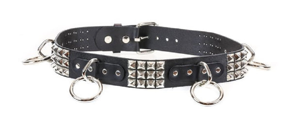3-Row Silver 5/8" Pyramid Stud & O Rings Black Leather Belt 2-1/2" Wide