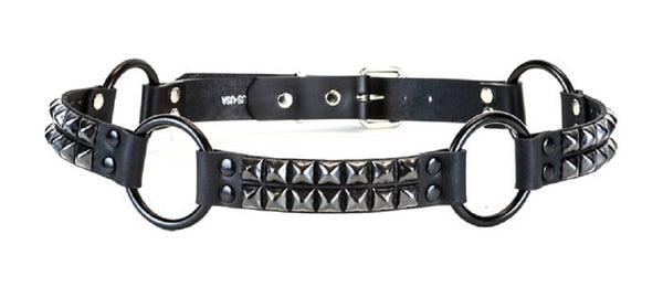 2-Row Black Pyramid Stud & 1-1/4" O Rings Black Leather Belt