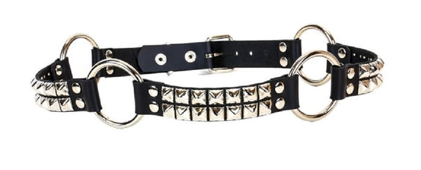 2-Row Silver Pyramid Stud & 1-1/4" O Rings Black Leather Belt