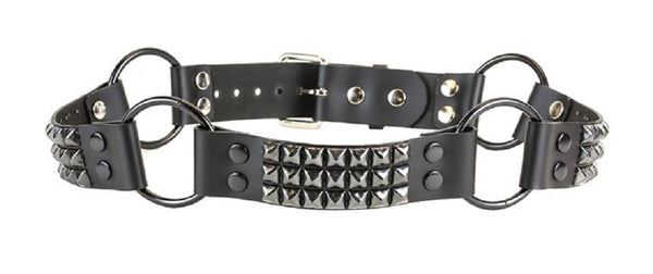 3-Row Black Pyramid Stud & 1-1/4" O Rings Black Leather Belt