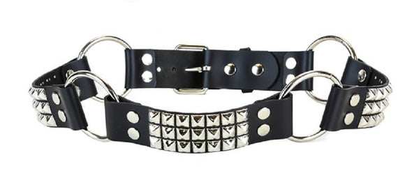 3-Row Silver Pyramid Stud & 1-1/4" O Rings Black Leather Belt