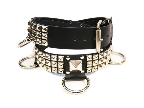 3 Row Silver Pyramid Stud Quality Leather Black Belt With O Rings 1-3/4" Wide