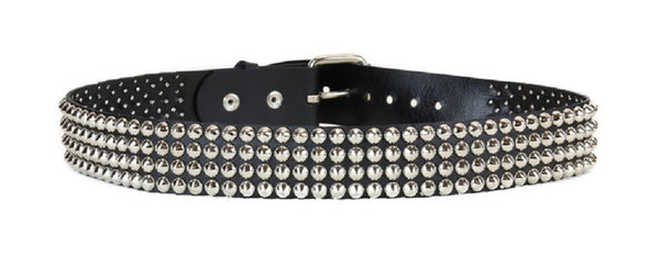 4-Row Silver Conical Cone Stud Black Leather Belt 1-3/4" Wide