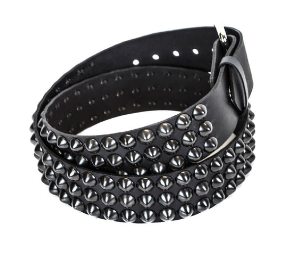 3-Row Black Conical Cone Stud Black Leather Belt 1-3/4" Wide