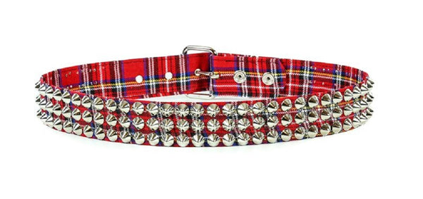 3-Row Red & Black Conical Cone Stud Black Leather Belt 1-3/4" Wide