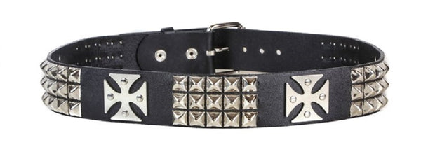 3-Row Silver Pyramid Stud & Iron Cross Black Leather Belt 1-3/4" Wide