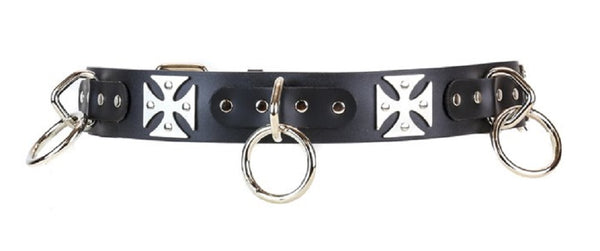 Silver O-Rings & Iron Cross Quality Black Leather Belt 1-3/4" Wide