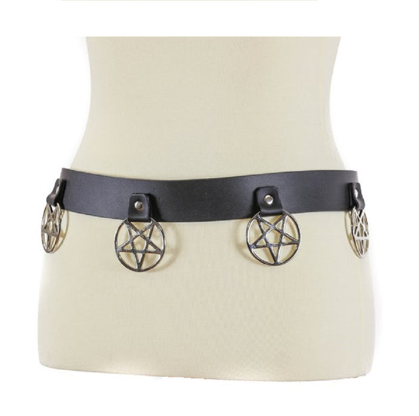 Hanging Silver 2" Inverted Pentagram Black Leather Belt 1-1/2" Wide