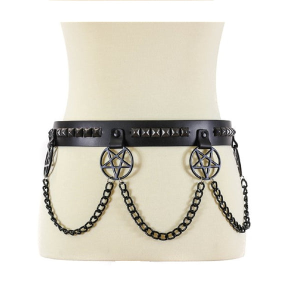 Hanging Black 2" Inverted Pentagram & Pyramid Studs & Chains Leather Belt 1-1/2" Wide