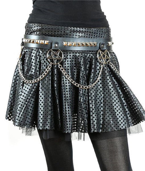 Hanging Silver 2" Inverted Pentagram & Pyramid Studs & Chains Black Leather Belt 1-1/2" Wide