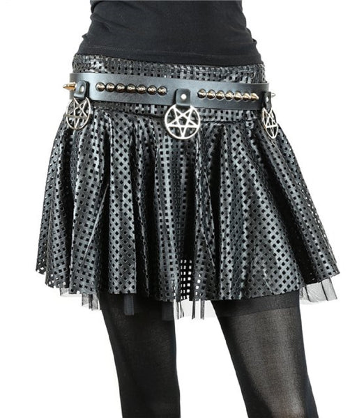 Hanging Silver 2" Inverted Pentagram & Conical Cone Studs Black Leather Belt 1-1/2" Wide