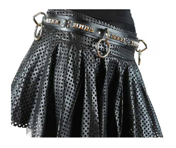 Silver 1-Row Pyramid Stud w/ O-rings & D-rings Black Leather Strip Belt 1-3/4" Wide