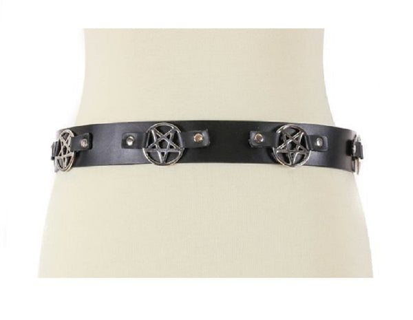 Silver 2" Inverted Pentagram Black Leather Belt 1-1/2" Wide