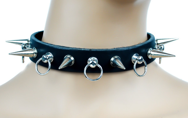 1" Cone Spikes & O Ring Hoop Studs Leather Choker 3/4" Wide
