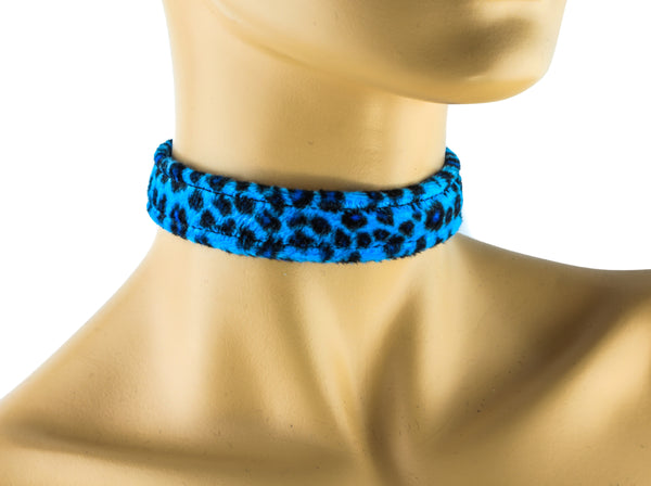 Blue Leopard Fuzzy Velvet 3/4" Wide Plain Choker