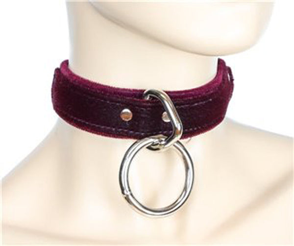 Burgundy Velvet O Ring Choker 1" Wide Real Leather