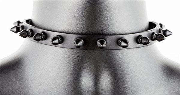 Black Leather Thin 1/2 Choker Necklace with Black 1/2" Spikes Skinny Collar