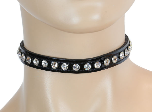 White / Clear Rhinestone on Black Patent Leather PVC Choker Collar Burlesque