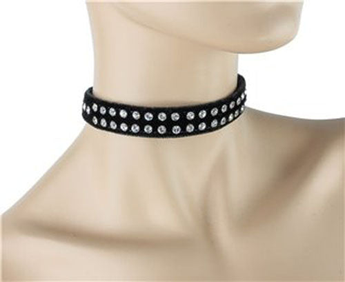 Double 2 Row Clear Rhinestone on Black Velvet Velour Choker Collar Burlesque