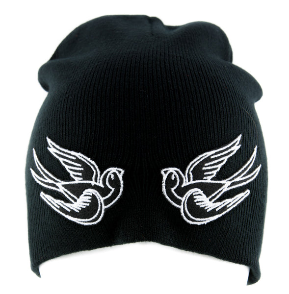 White Swallow Sparrow Birds Beanie Alternative Clothing Knit Cap Rockabilly Tattoo Ink