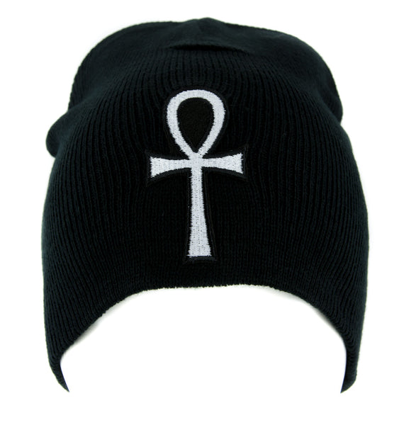 White Ankh Egyptian Hieroglyph Beanie Knit Cap Alternative Clothing Eternal Life Gods