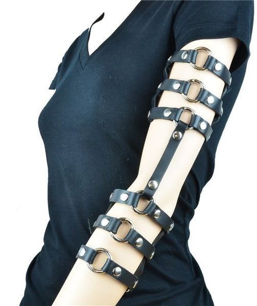 Gothic Black Leather Double Stappy & O-Ring Arm Harness