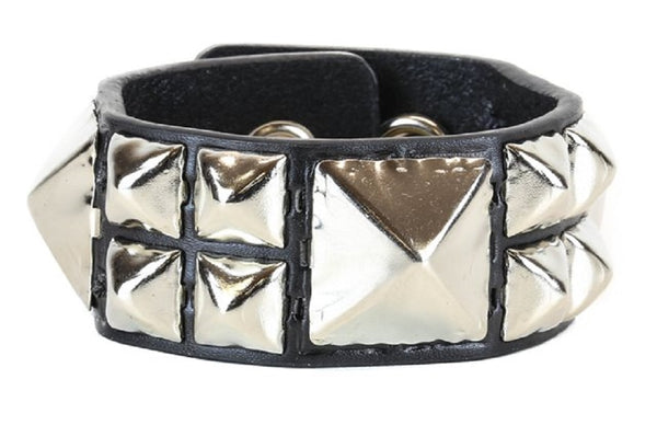 Huge & 2 Row Smaller Pyramid Stud Black Leather Wristband Cuff Bracelet 1-1/4" Wide