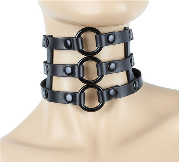 3 Black O Ring Leather Strap Choker Gothic Cosplay Necklace