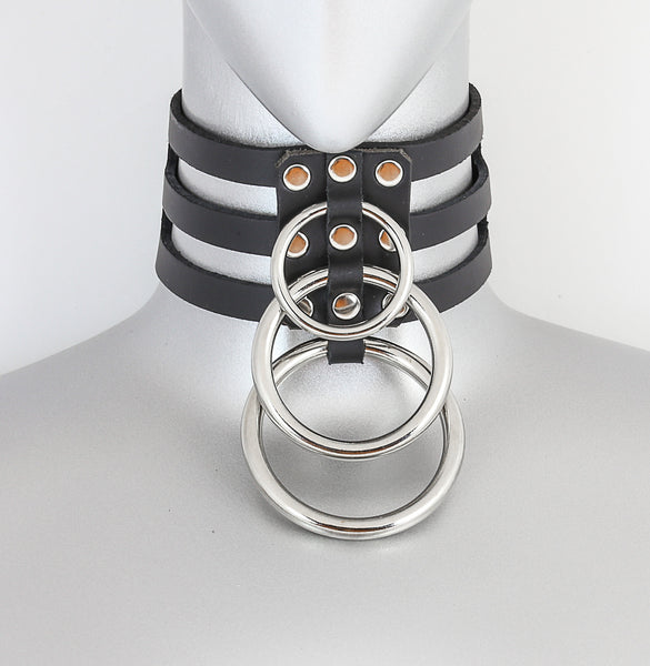 Black Leather 3 Strap Choker Necklace w/ 3 Silver O Rings