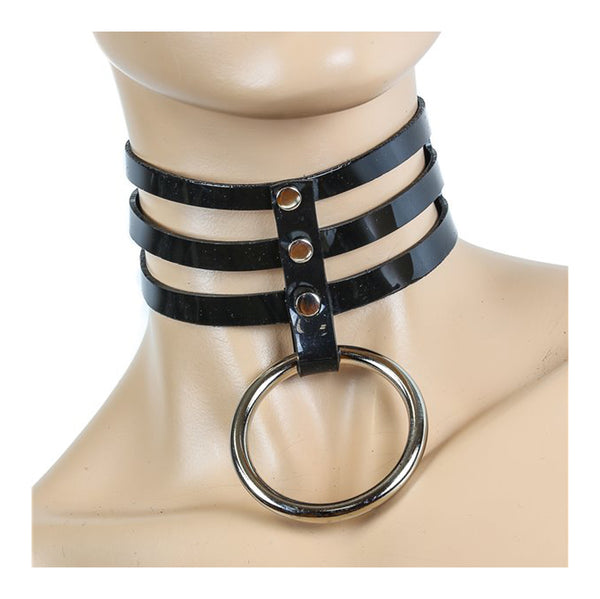 2" Black Vinyl 3-Strap Choker Necklace w/ & Silver O-Ring