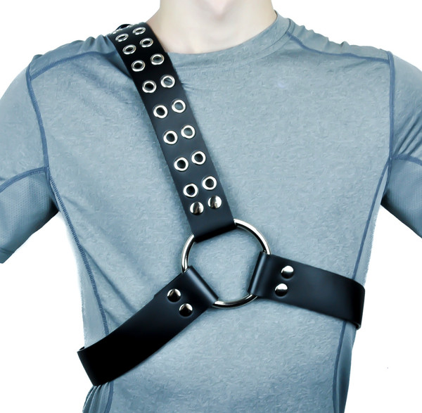 2 Row Eyelet Buckle Black Leather Fashion Harness