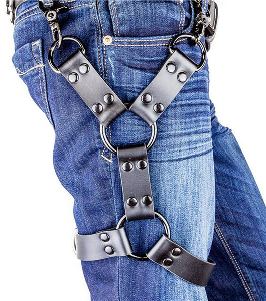 Double Black O Ring Black Leather Thigh Leg Harness