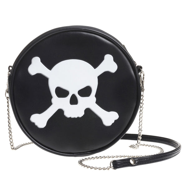 White Skull & Cross Bones Round Embossed Purse Shoulder Bag