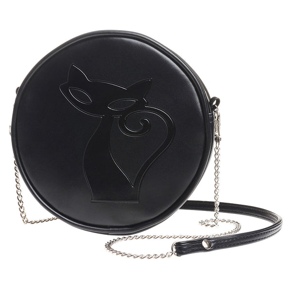 Black Kitty Cat Round Embossed Purse Shoulder Bag
