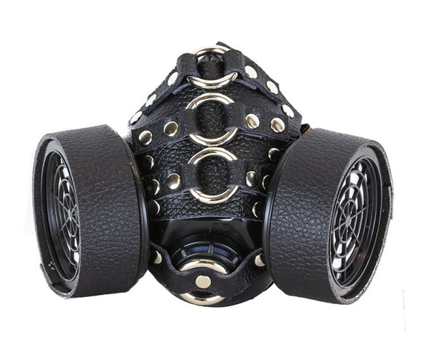 Black Leather Gas Mask Respirator w/ O-Rings & Rivets Cyber Goth Cosplay